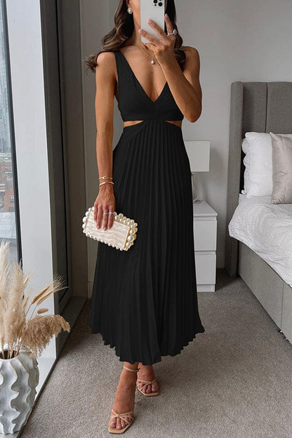Women's Pleated Midi Dress Flared Skirt