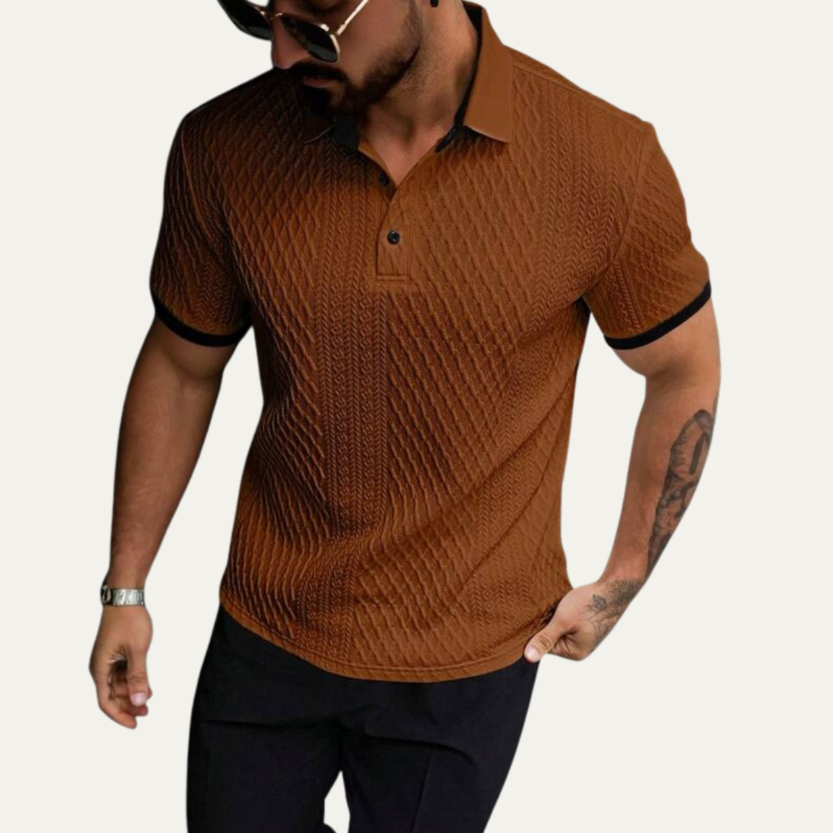 Men's Textured Polo Shirt Contrast Collar