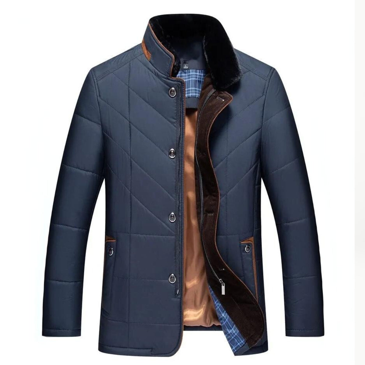 Men's Quilted Winter Jacket Zipper Front With Pockets - VibreMode
