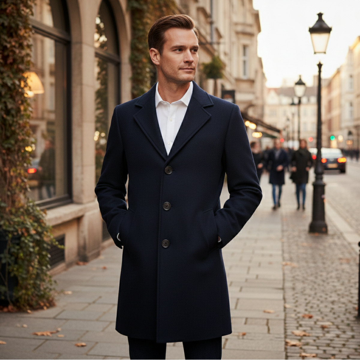 Men's Double Breasted Wool Overcoat Long Black