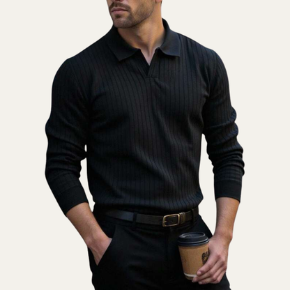 Men's Long Sleeve Polo Shirt Ribbed Knit