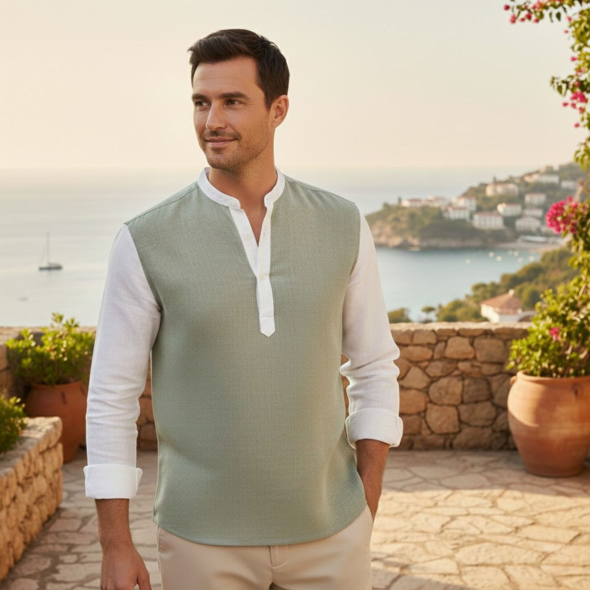 Men's Linen Blend Deep V Neck Shirt Lightweight