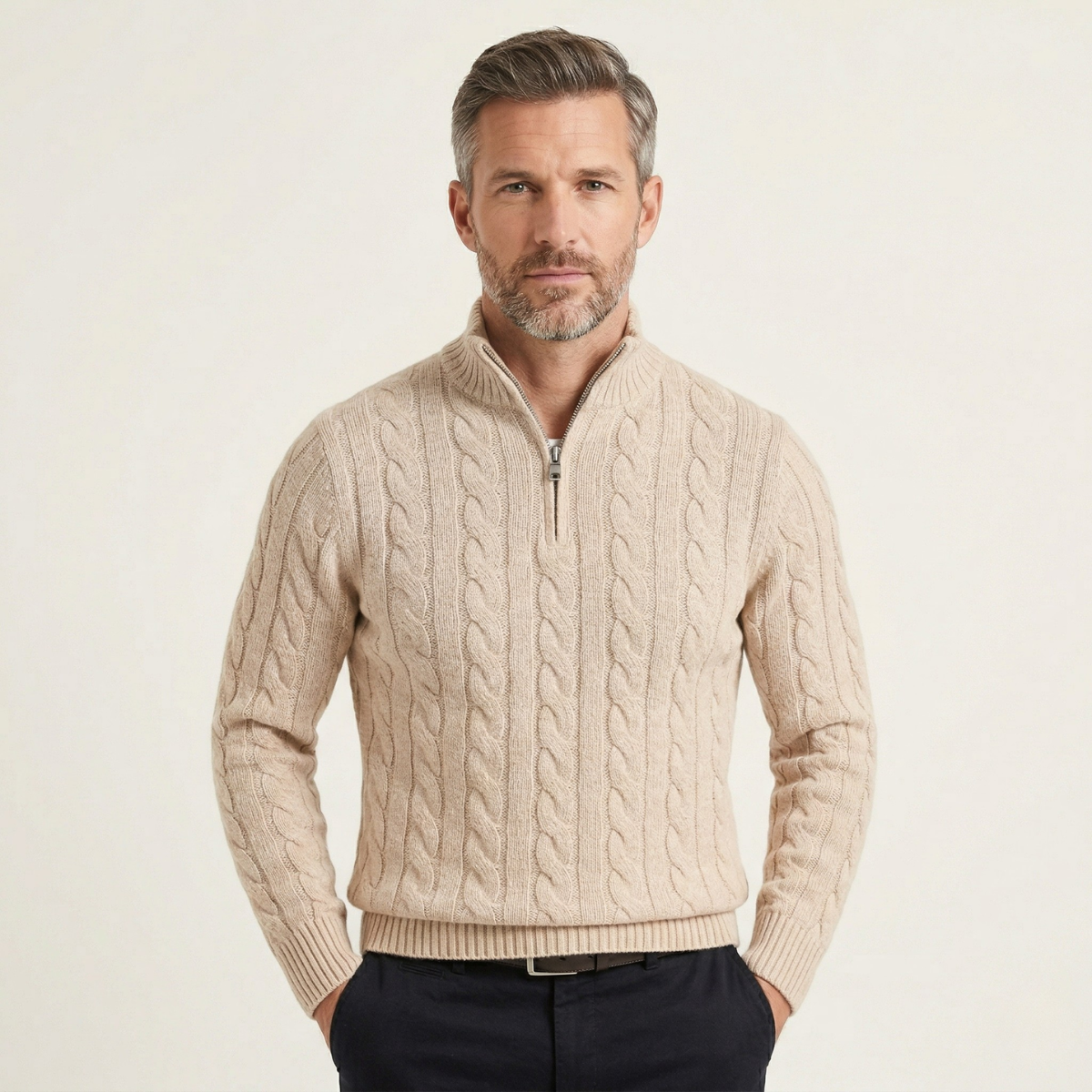 Men's Cable Knit Quarter Zip Sweater High Neck