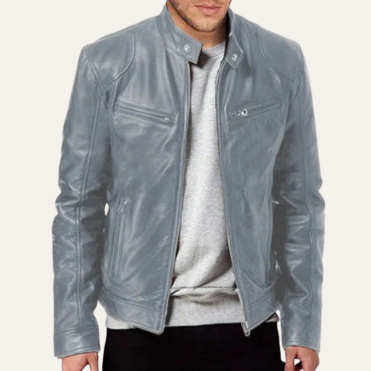Men's Leather Biker Jacket Vintage Zip Up