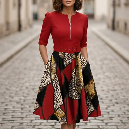 Zip Front Belted Dress Midi Printed Women