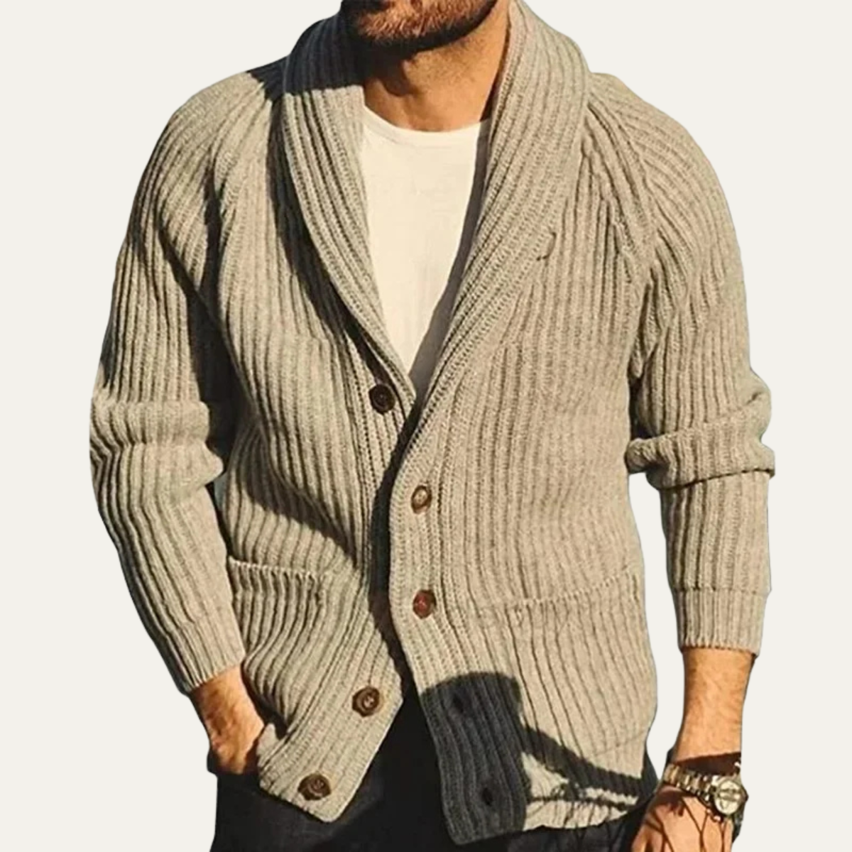 Men's Knit Cardigan Shawl Collar Khaki