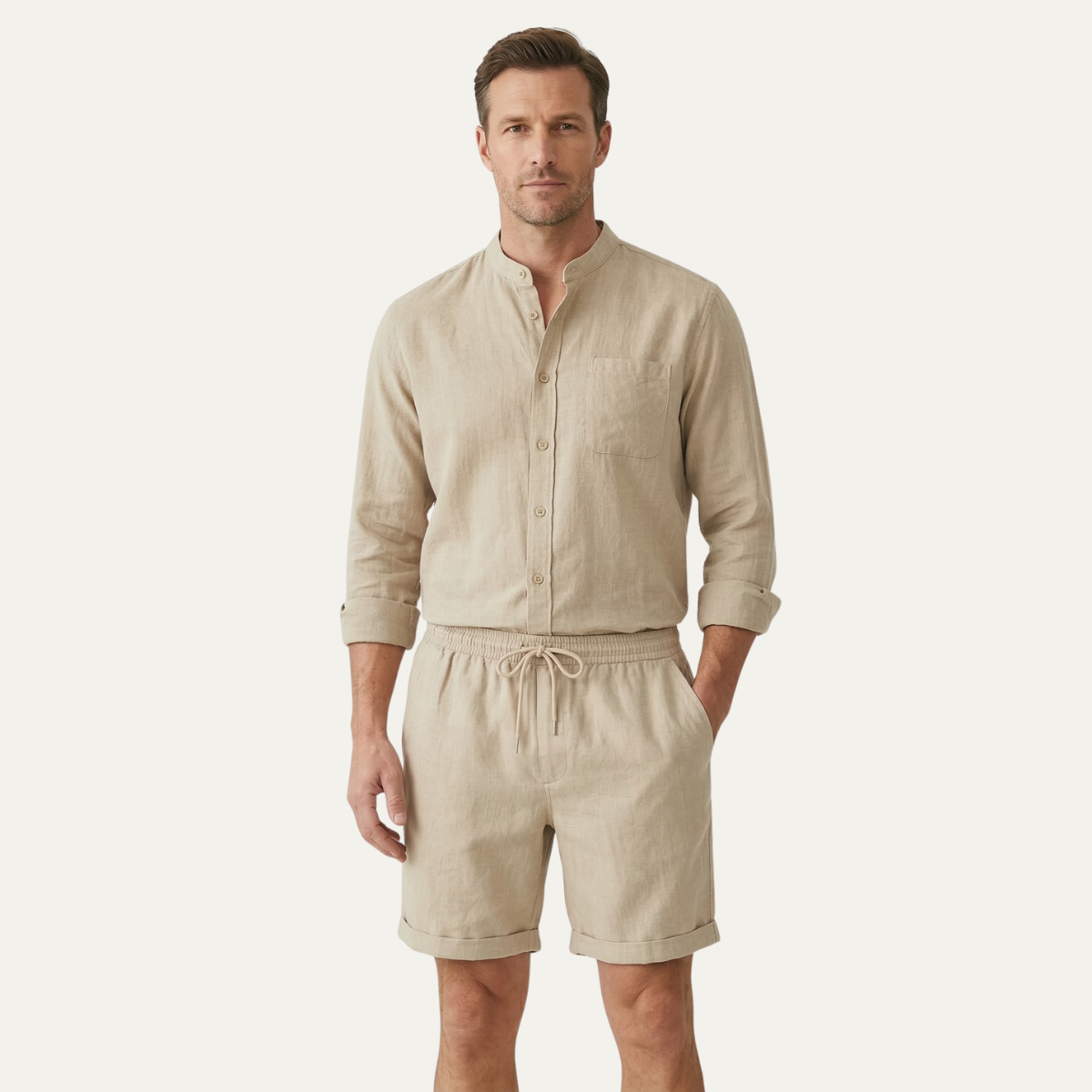 Men's Cotton Linen Shirt And Shorts Set