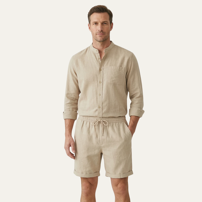 Men's Cotton Linen Shirt And Shorts Set