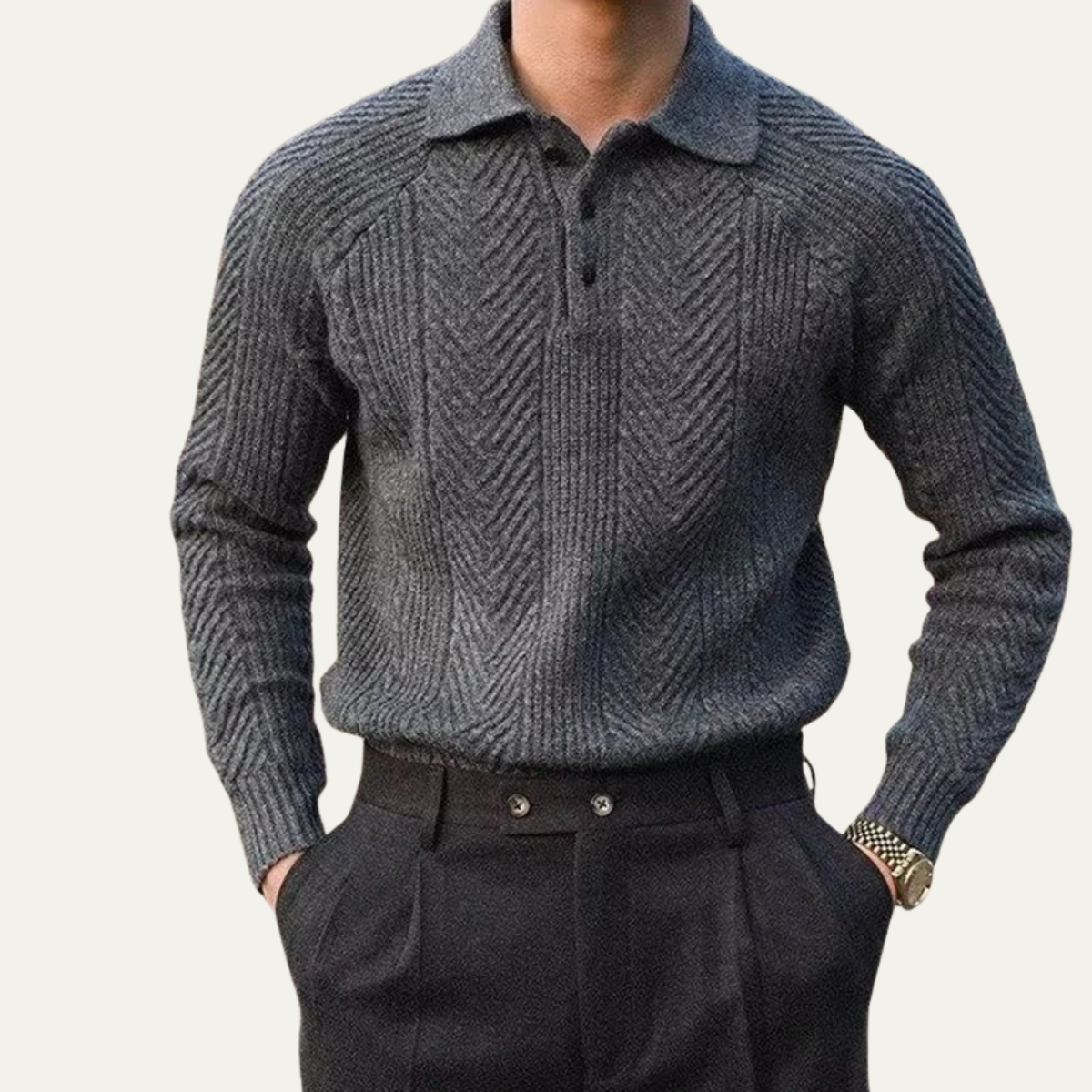 Men's Textured Knit Sweater Turn Down Collar