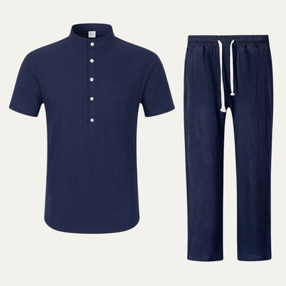 Mens Lightweight Cotton Linen Polo Shirt Pants Set