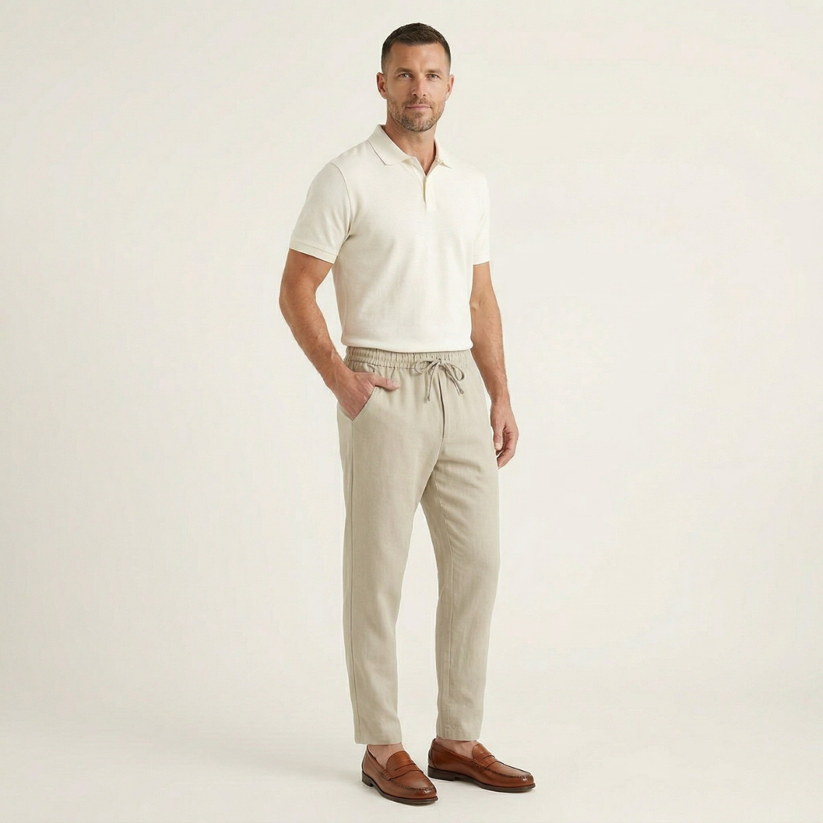 Men's Linen Jogger Pants Lightweight Beige