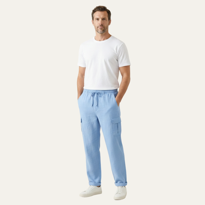 Men's Cotton Linen Cargo Pants Loose Fit Multi Pocket
