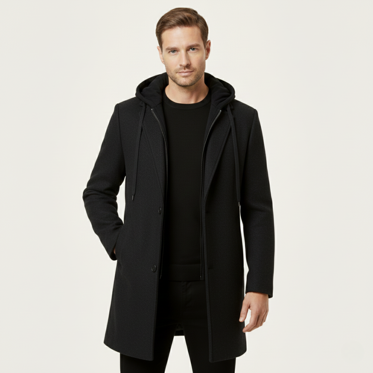 Men's Wool Overcoat Hooded Quilted Lining
