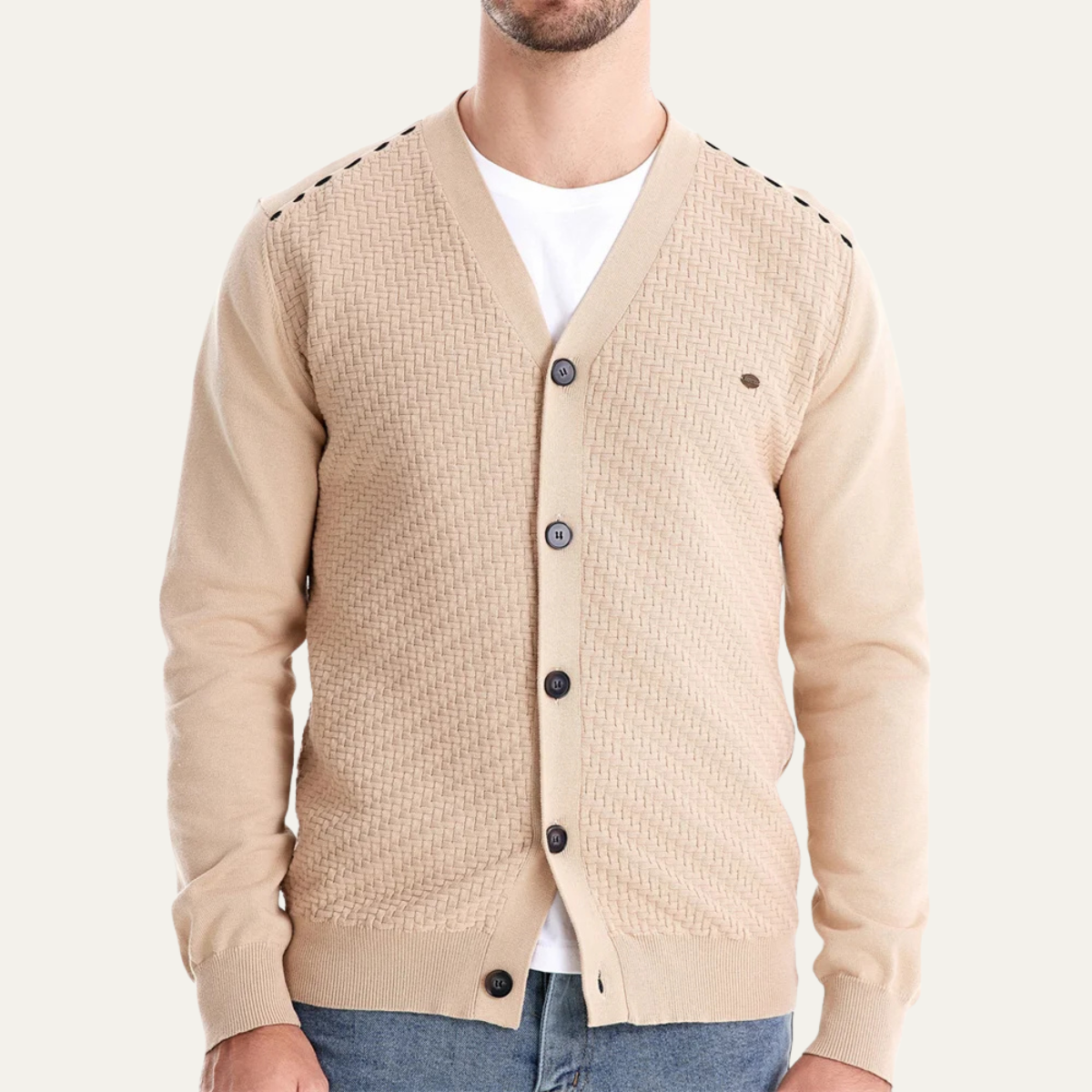 Men's Textured Knit V Neck Cardigan