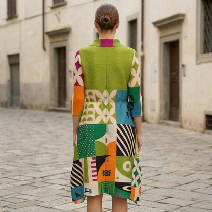 Women’s Retro Print Midi Dress Geometric Color Block Button Front Collared Dress