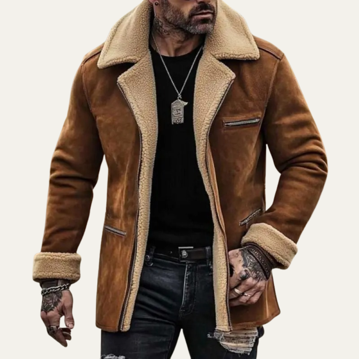 Men's Suede Shearling Jacket Zipper Pockets Brown