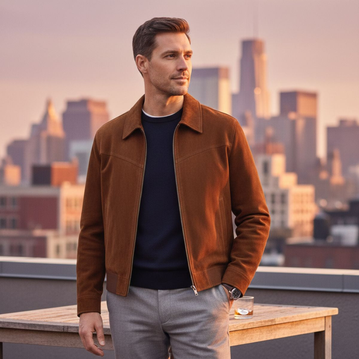 Men's Suede Leather Bomber Jacket Classic Style