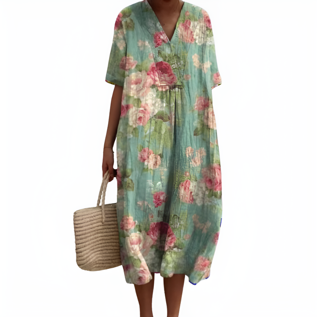 Women's Floral V-Neck Short Sleeve Summer Dress - VibreMode