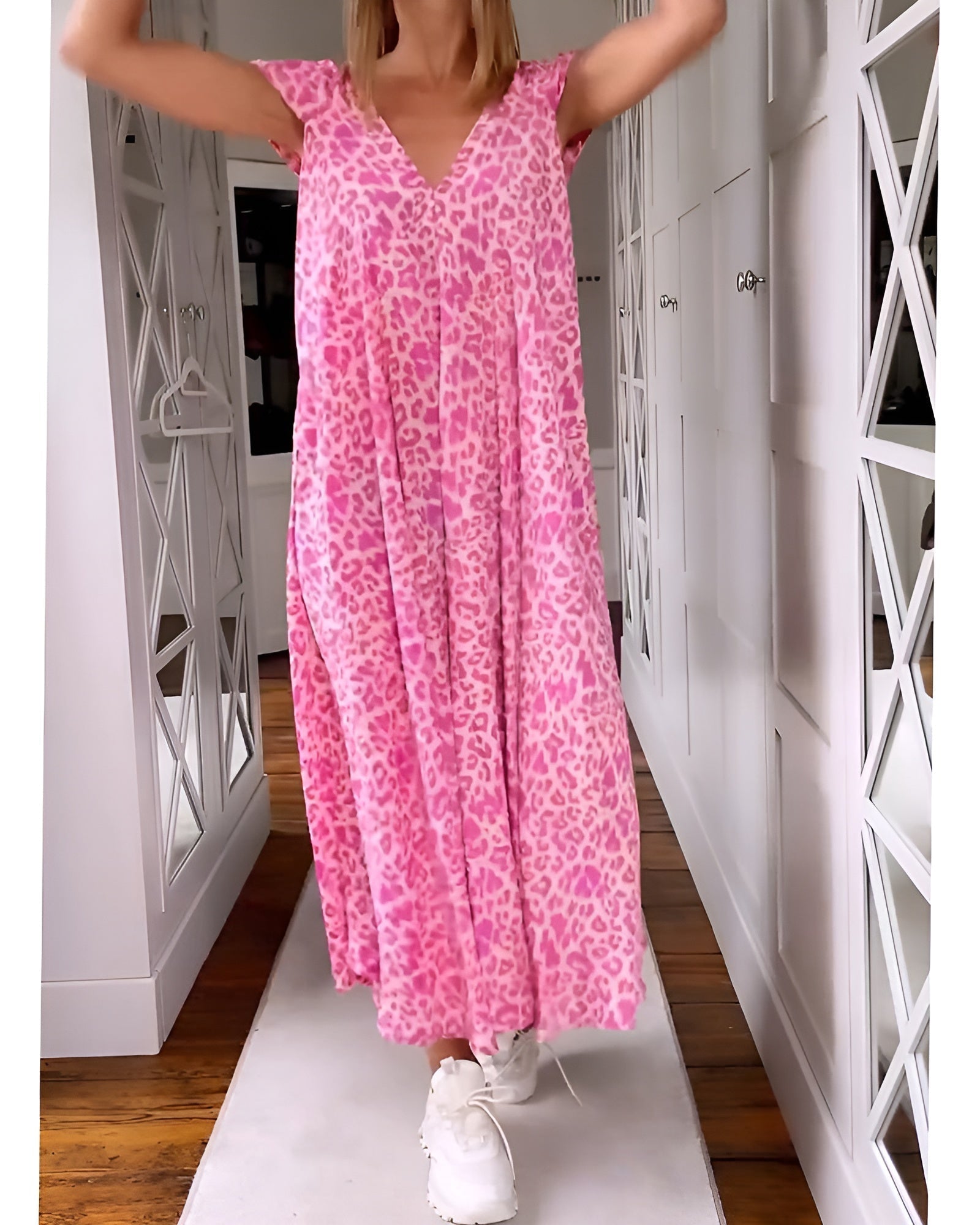 Women's V Neck Printed Long Dress Short Sleeve Loose Fit - VibreMode