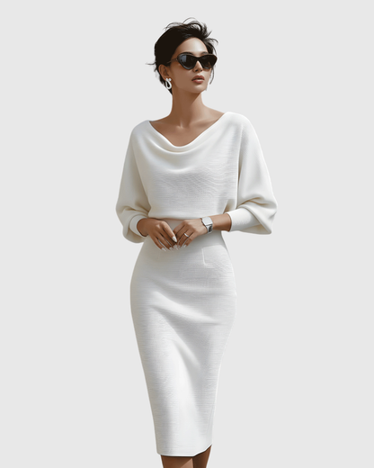 Women's Ribbed Cowl Neck Long Sleeve Midi Dress