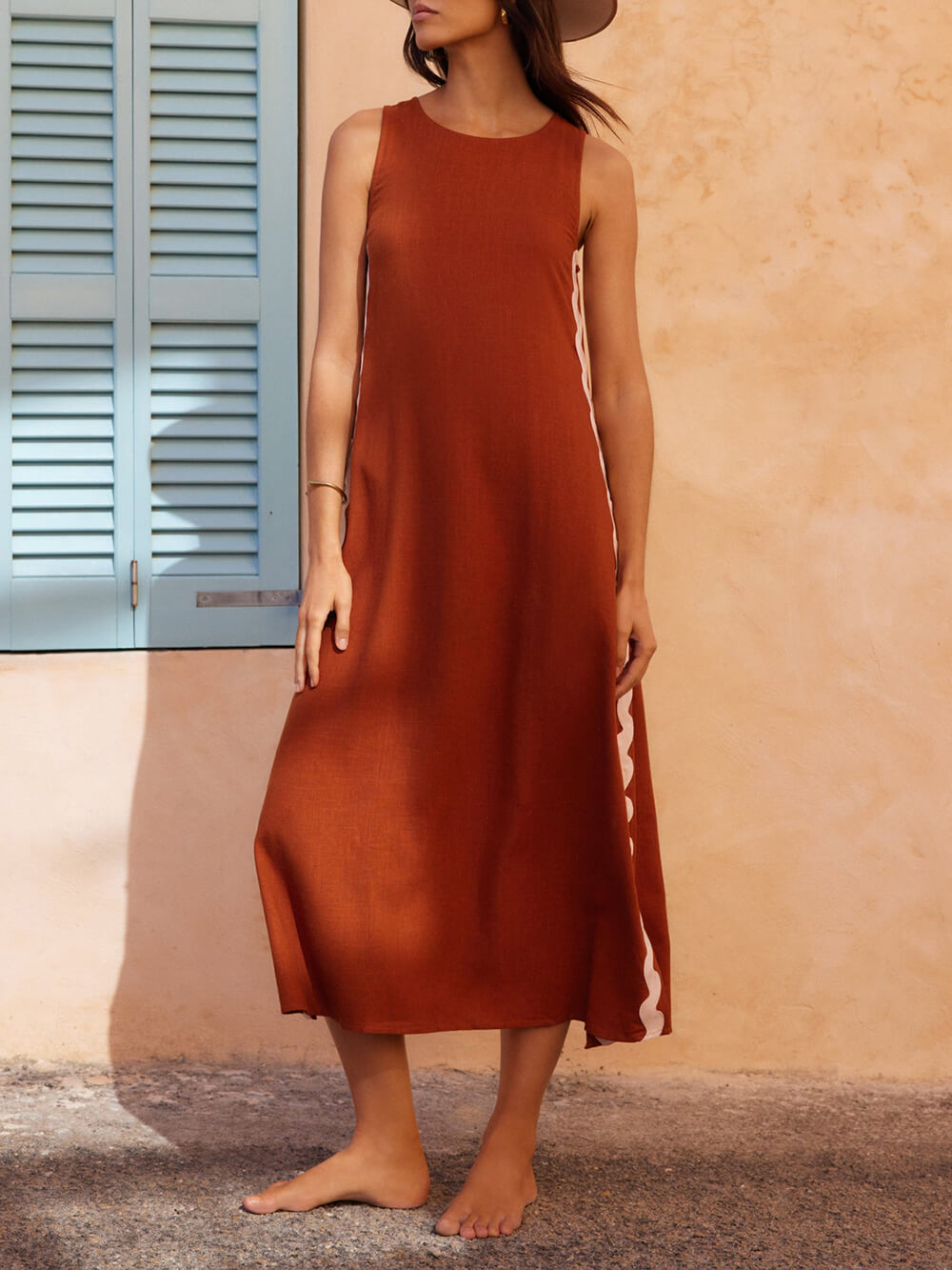 Chic Sleeveless Mid Length Dress with Ruffled Side Detail