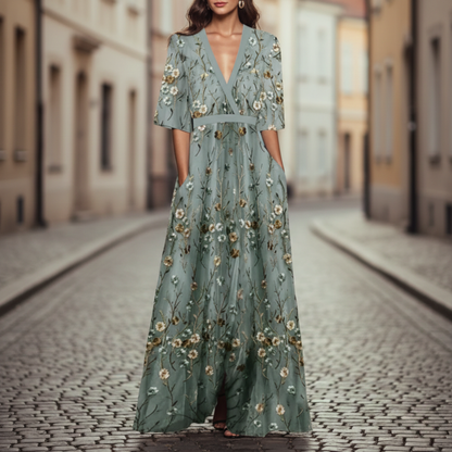 Women’s Floral Maxi Dress V Neck A-Line