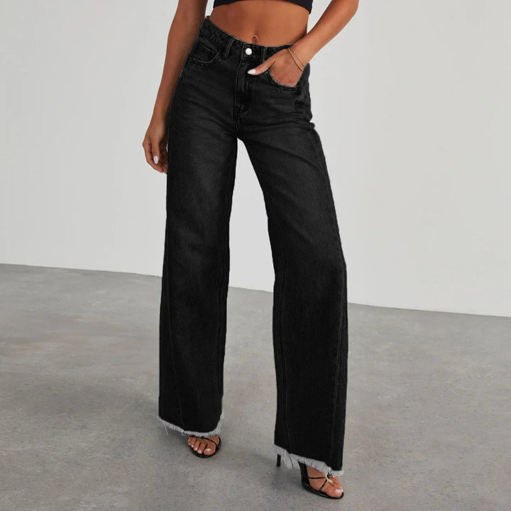 Women's Wide Leg Jeans Frayed Hem Dark Blue - VibreMode