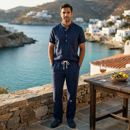 Mens Lightweight Cotton Linen Polo Shirt Pants Set