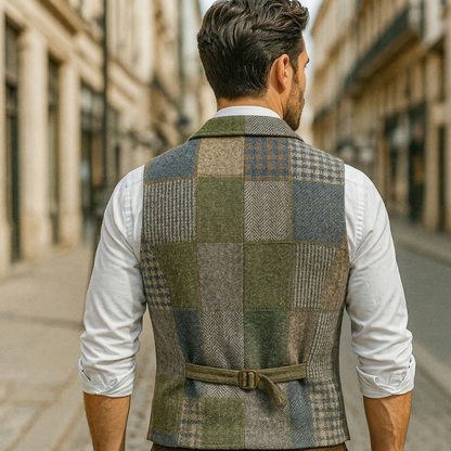 Men’s Patchwork Tweed Vest Vintage Style Tailored Waistcoat