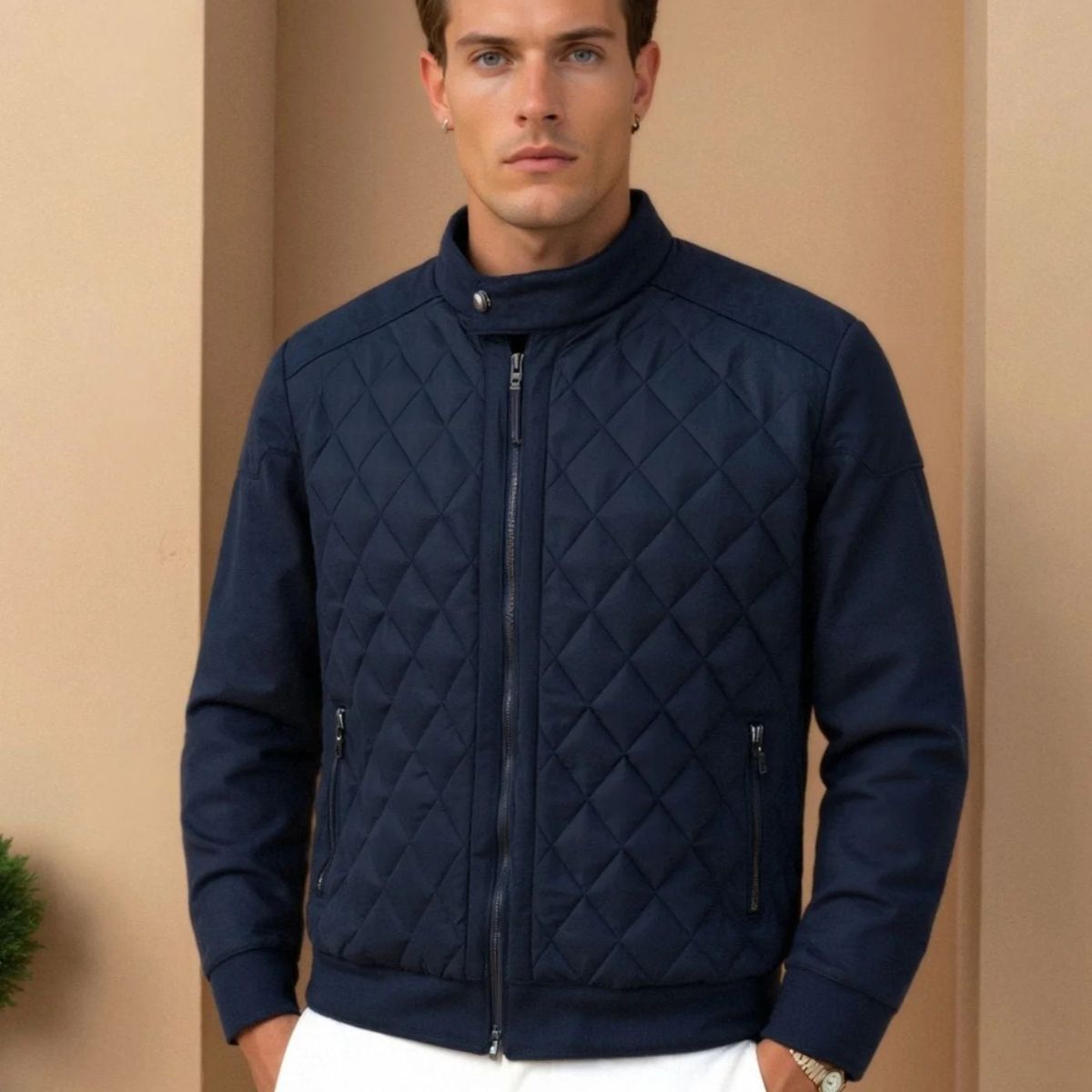 Men's Navy Blue Quilted Jacket Diamond Quilted Coat