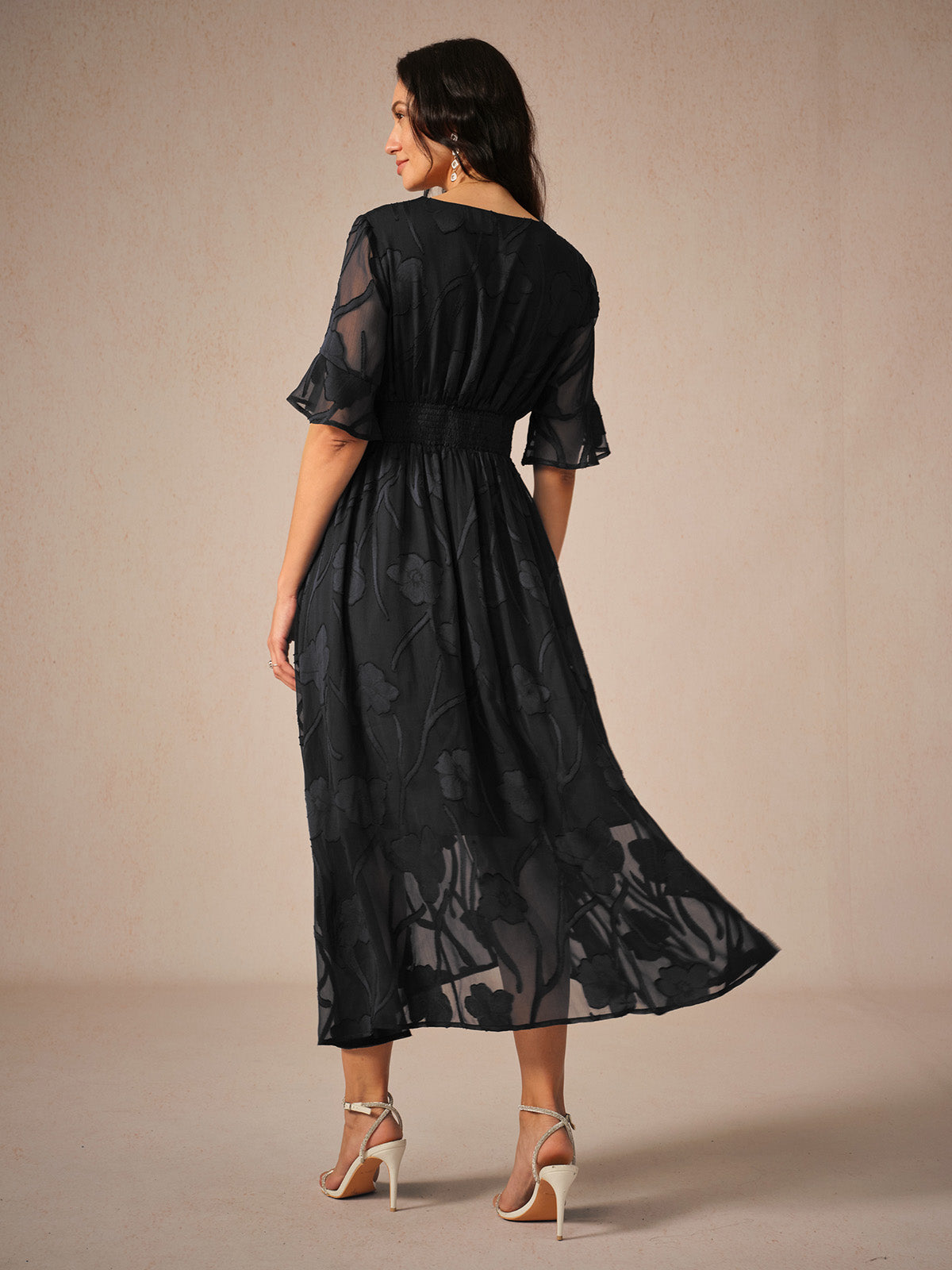 Women's Midi Dress Flutter Sleeves Lace Detailing