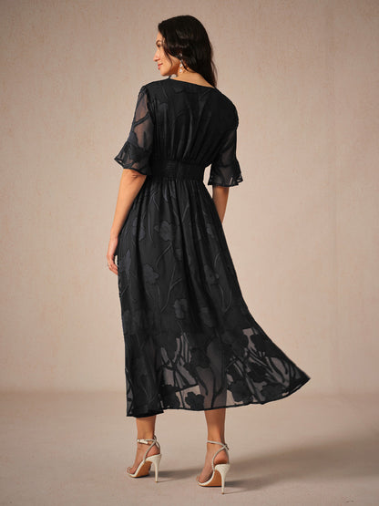 Women's Midi Dress Flutter Sleeves Lace Detailing