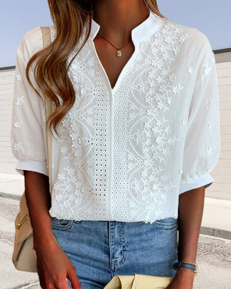 Pretty Embroidered V-Neck Women's Top - VibreMode