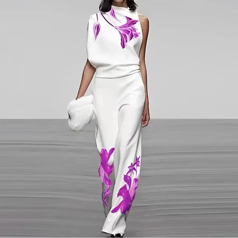 Women's Sleeveless Two Piece Printed Set High Collar