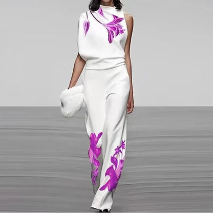 Women's Sleeveless Two Piece Printed Set High Collar
