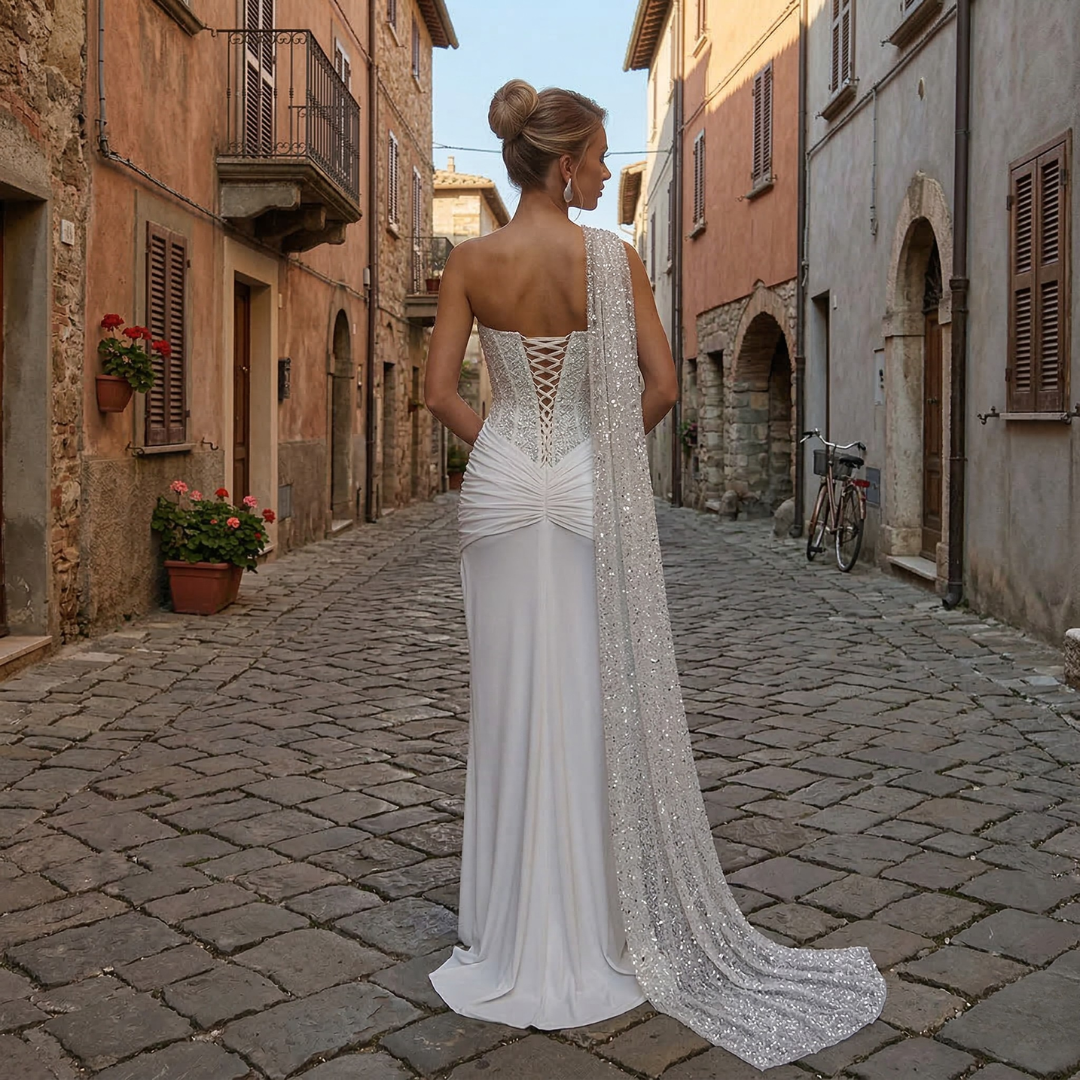 Women’s Strapless Wedding Dress Beaded Corset Bodice Draped Mermaid Gown