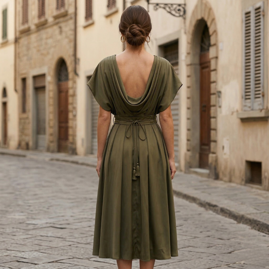 Women’s Midi Dress Deep V Neck Flutter Sleeve Tie Waist A-Line Dress