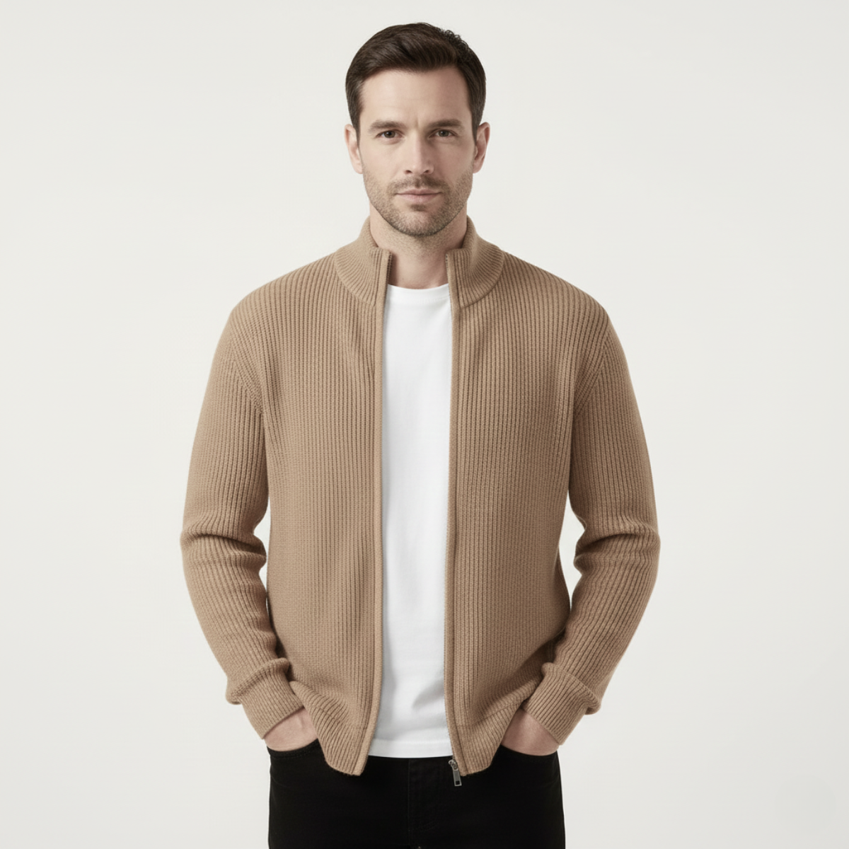 Men's Knit Cardigan Sweater Zip Front Collar Stand