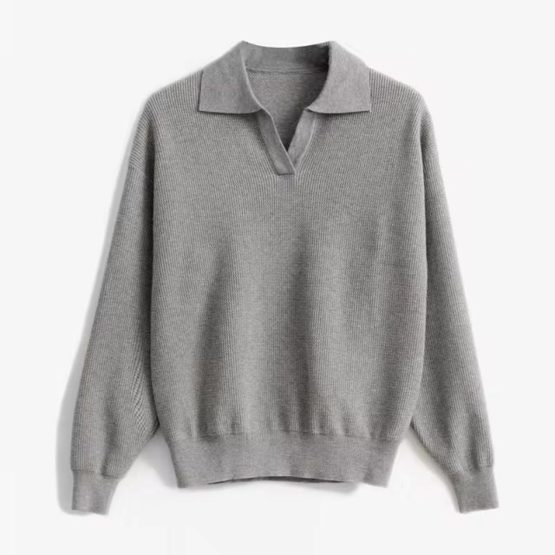 Women's V-Neck Sweater Relaxed Fit Ribbed Collar - VibreMode