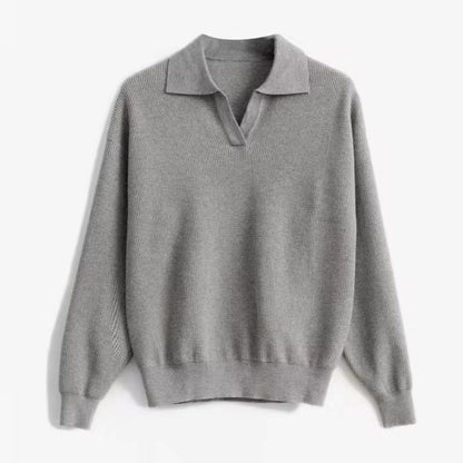 Women's V-Neck Sweater Relaxed Fit Ribbed Collar - VibreMode