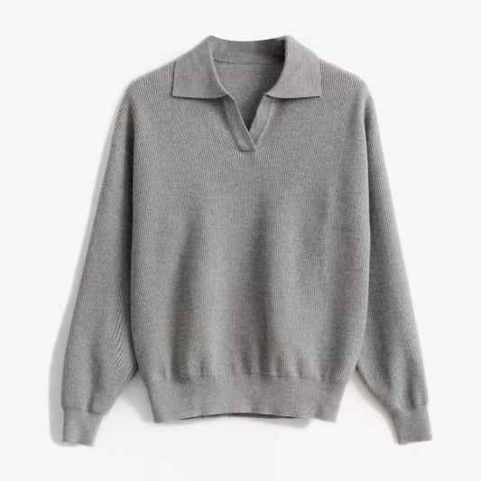 Women's V-Neck Sweater Relaxed Fit Ribbed Collar - VibreMode