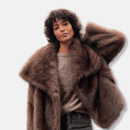 Women's Fur Coat Oversized Collared Button Front - VibreMode