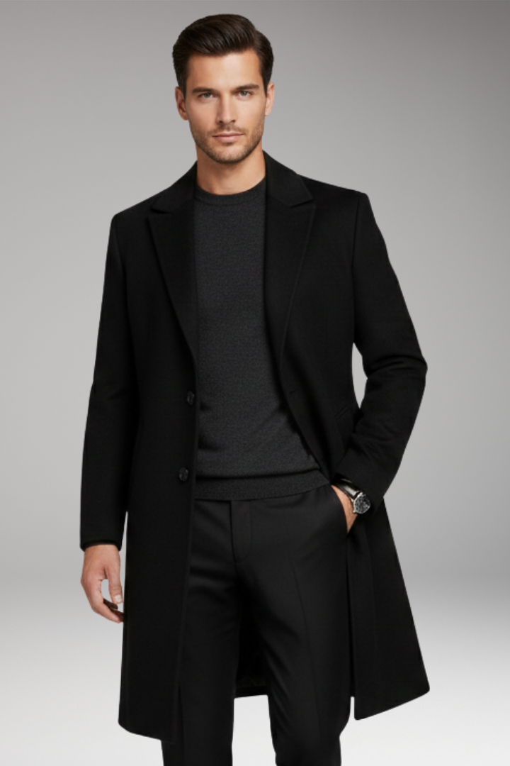Men's Long Coat Notched Lapel Seam Pockets