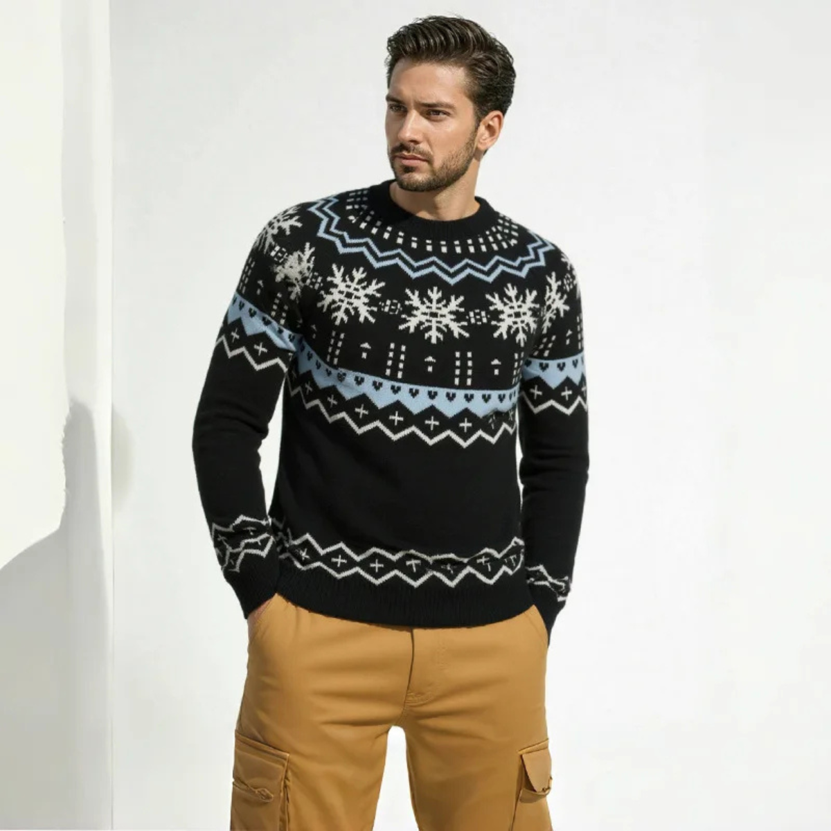 Men's Round Neck Snowflake Knit Christmas Sweater