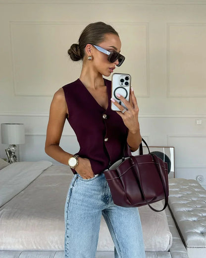 Women's Knitted Vest Sleeveless Button Front - VibreMode