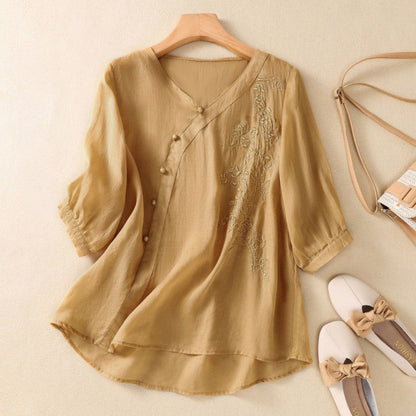 Ladies Classic Embroidered Floral Button Down Shirt