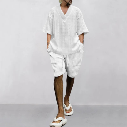 Men's Breathable Knitted Polo Shirt And Shorts Set