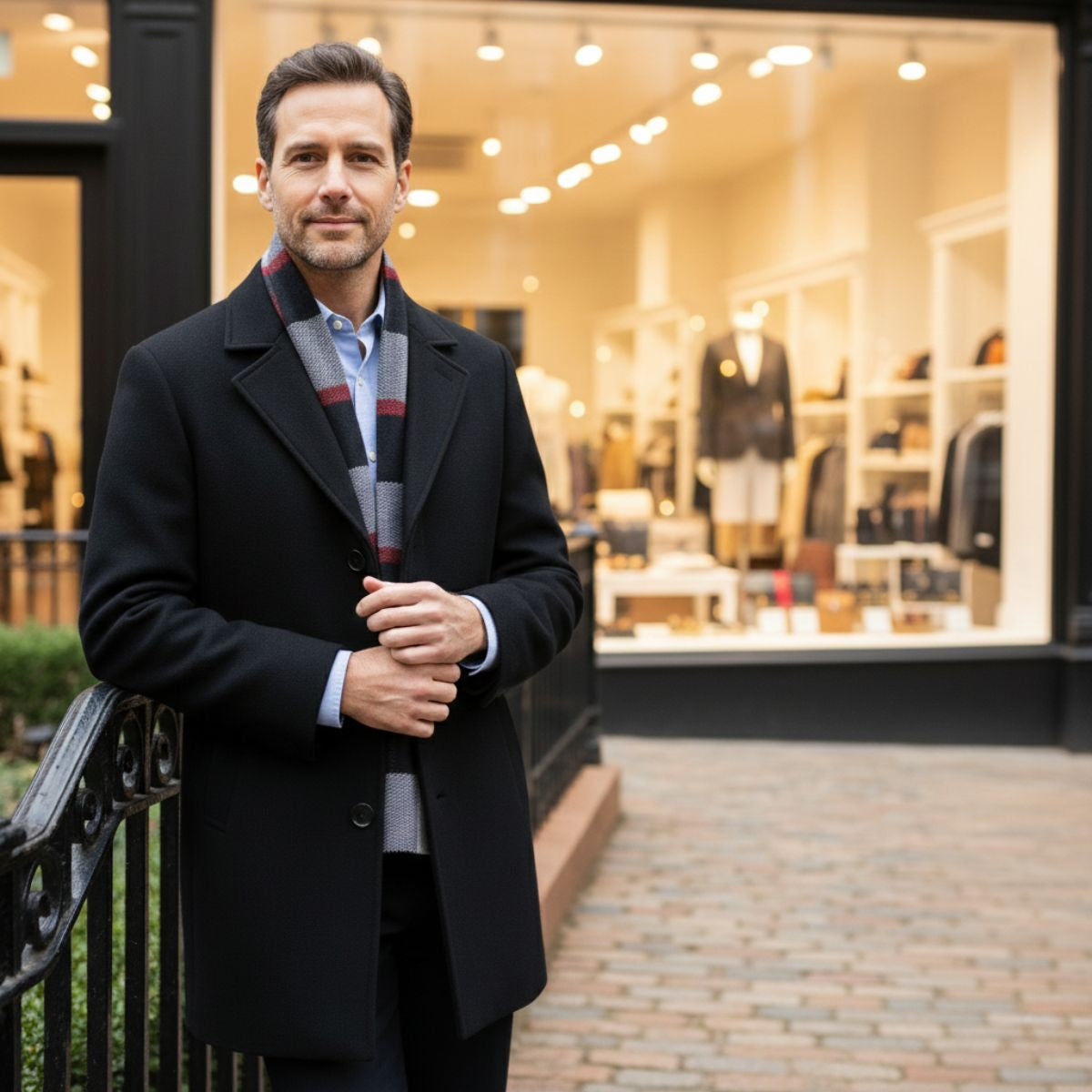 Men's Wool Overcoat Elegant Scarf Detail