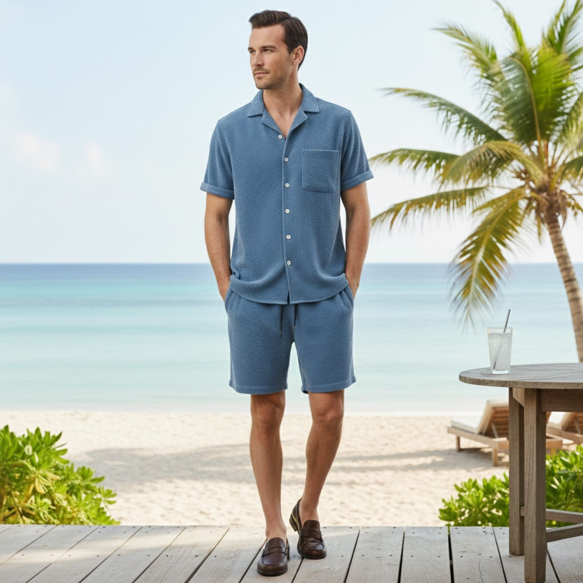 Men's Corduroy Shirt And Shorts Summer Set