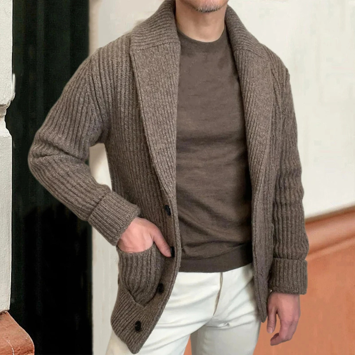 Aldercrest Men's Knitted Cardigan Chunky Button Up Shawl Collar